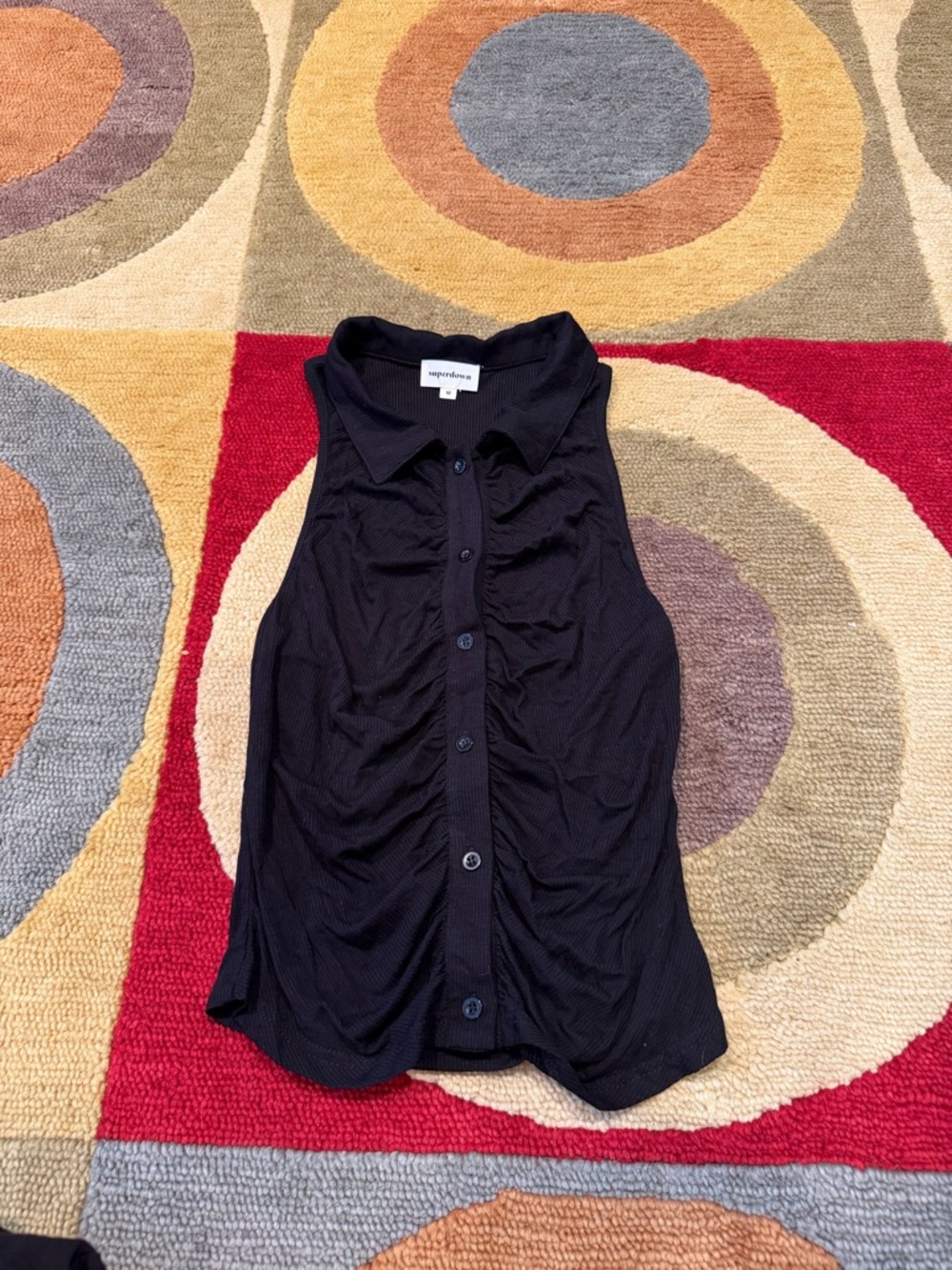 Superdown Ribbed Ruched Button Down Front Collared Tank Top Black Size Medium